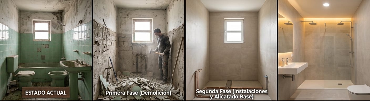 Fases de una reforma de baño: estado actual, demolición, instalaciones y alicatado base, y resultado final